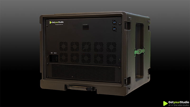 Front view of the GetyourStudio PRO XL Studio-in-a-Box flight case with built-in control hardware