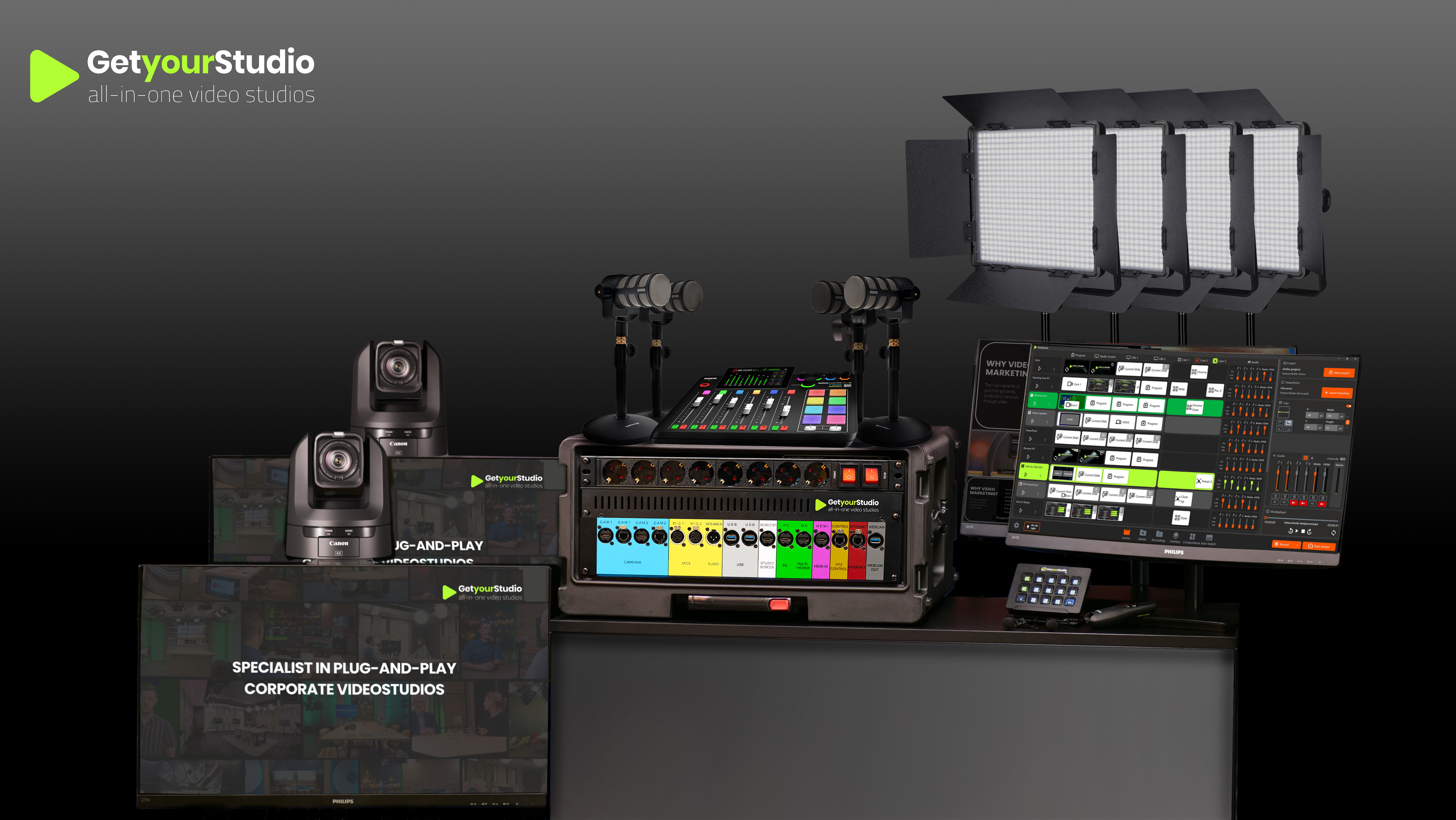 GetyourStudio VIDEOPODCASTER – podcast- en 2-camera videostudio met Rode Podcaster PRO II en Canon PTZ-camera’s